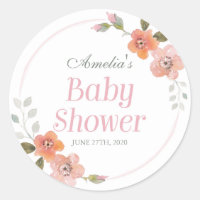 Delicate Floral Pink Baby Shower Round Sticker