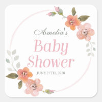 Delicate Floral Pink Baby Shower Square Sticker