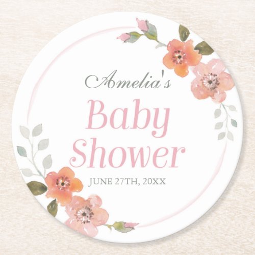 Delicate Floral Pink Girl Baby Shower Round Paper Coaster