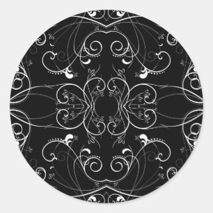 Delicate Floral Repeating Pattern in White on Blac Classic Round Sticker