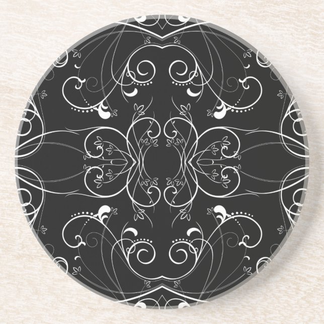Delicate Floral Repeating Pattern in White on Blac Drink Coaster (Front)