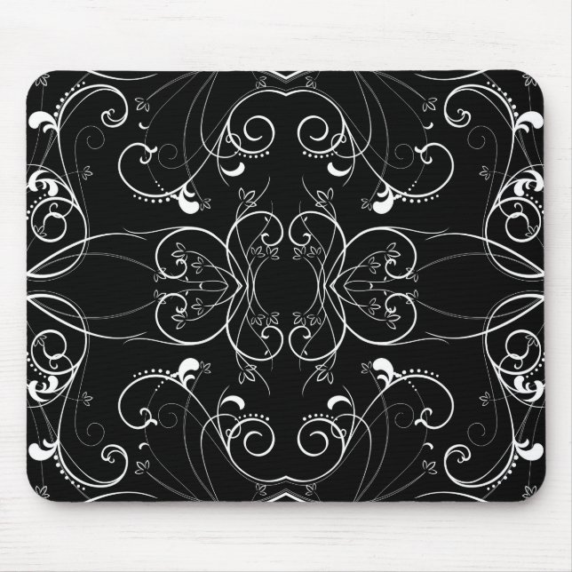Delicate Floral Repeating Pattern in White on Blac Mouse Pad (Front)