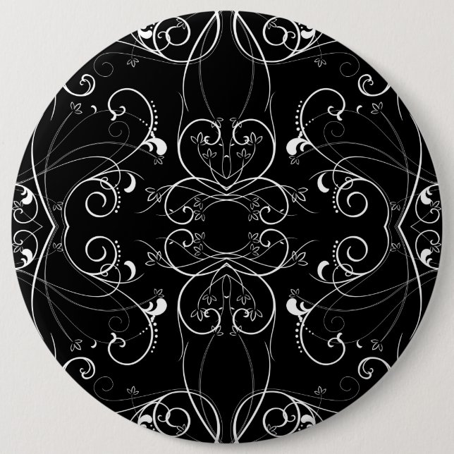 Delicate Floral Repeating Pattern in White on Blac Pinback Button (Front)