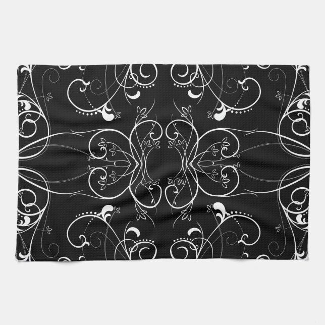 Delicate Floral Repeating Pattern in White on Blac Towel (Horizontal)