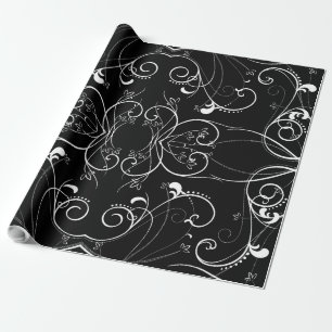 Delicate Floral Repeating Pattern in White on Blac Wrapping Paper