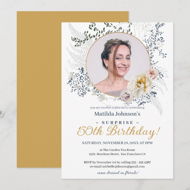 Delicate Floral Roses Photo Surprise 50th Birthday Invitation (Front/Back)