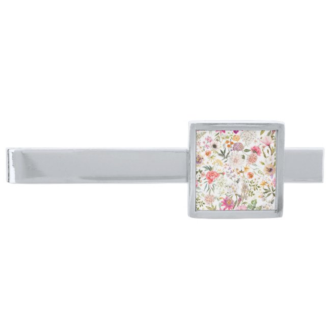 Delicate Floral Seamless Pattern Silver Finish Tie Bar (Front)