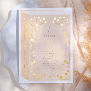 Delicate Floral Shiny Storybook Baby Shower Foil Invitation