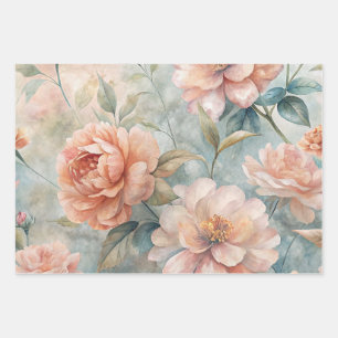 Delicate Floral Vintage Inspired Pastel Watercolor Wrapping Paper Sheets