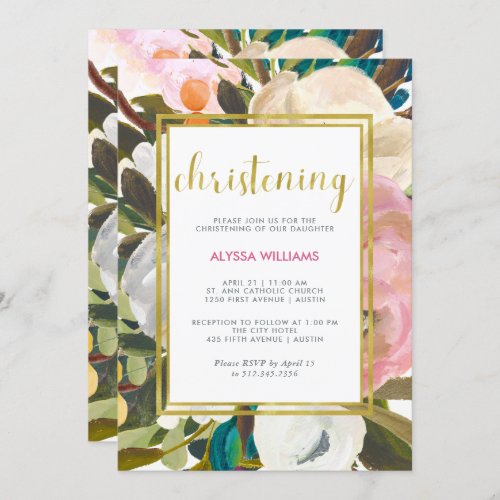 Delicate Floral Watercolor  Christening Invitation