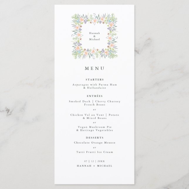 Delicate Floral watercolor Wedding Breakfast Menu (Front)