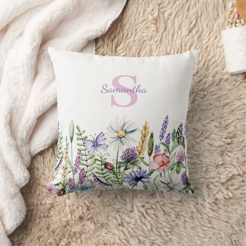 Delicate Floral Wildflower Butterfly Monogram Throw Pillow