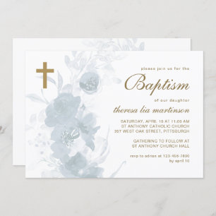 Delicate Floral with Cross Baptism Invitation