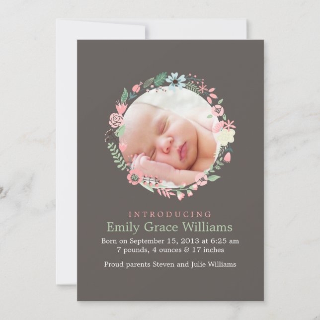 Delicate Floral Wreath Birth Announcements (Front)