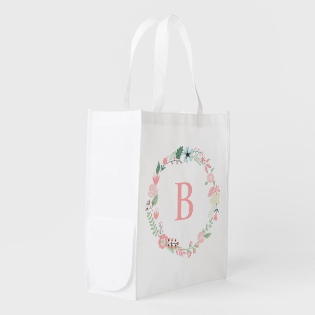 Delicate Floral Wreath Custom Monogrammed Grocery Bag (Front Side)