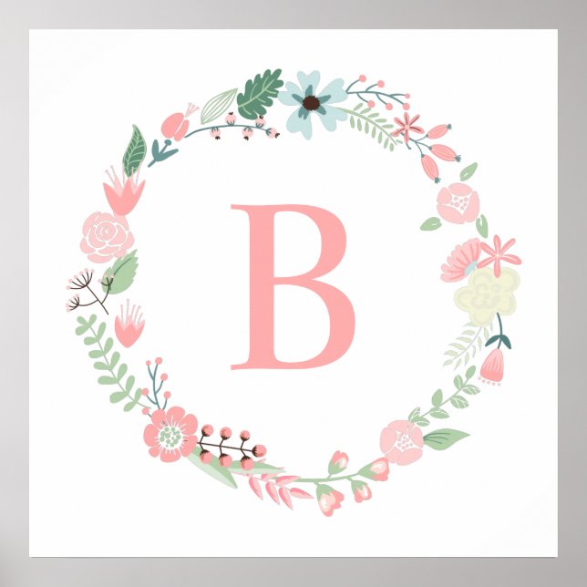 Delicate Floral Wreath Monogram Poster (Front)