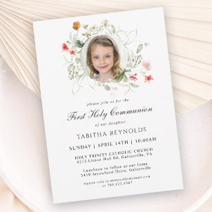 Delicate Floral Wreath Photo First Holy Communion Invitation