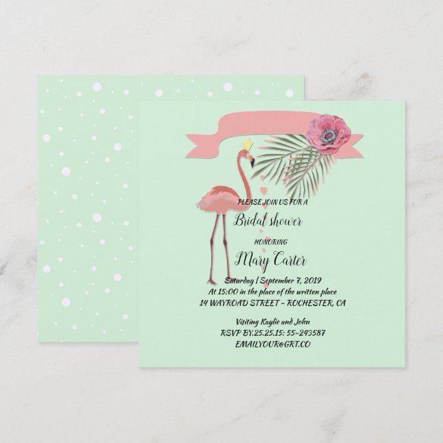 Delicate floral wreath,  pink  flamingos, invitation (Front/Back)