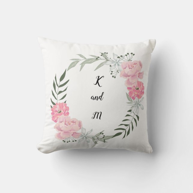 Delicate floral wreath, pink peonies throw pillow (Front)