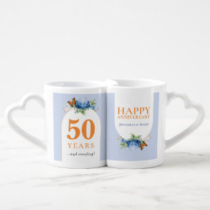 Delicate Florals blue orange Wedding Anniversary  Coffee Mug Set