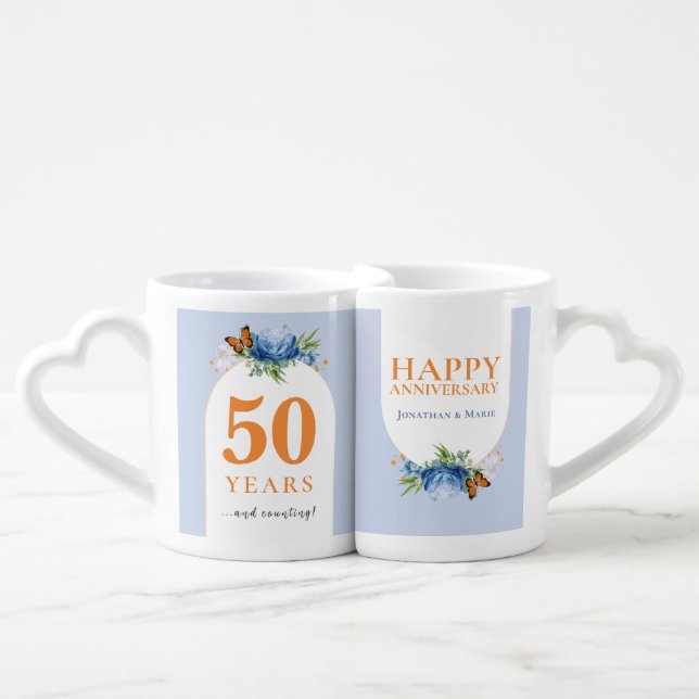 Delicate Florals blue orange Wedding Anniversary  Coffee Mug Set (Front Nesting)