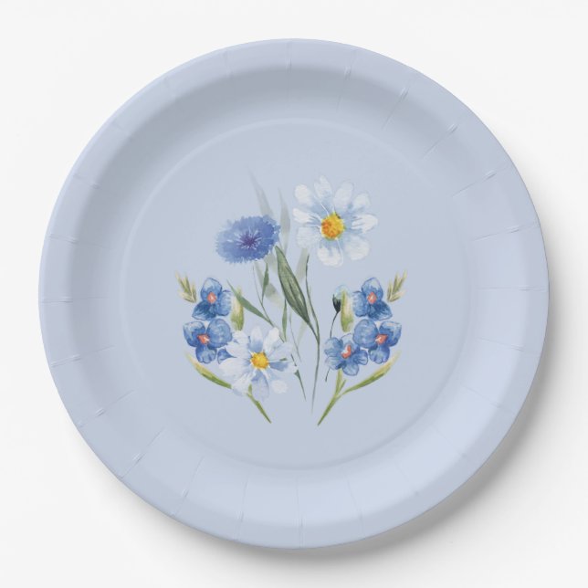 Delicate Florals blue simple  Paper Plates (Front)