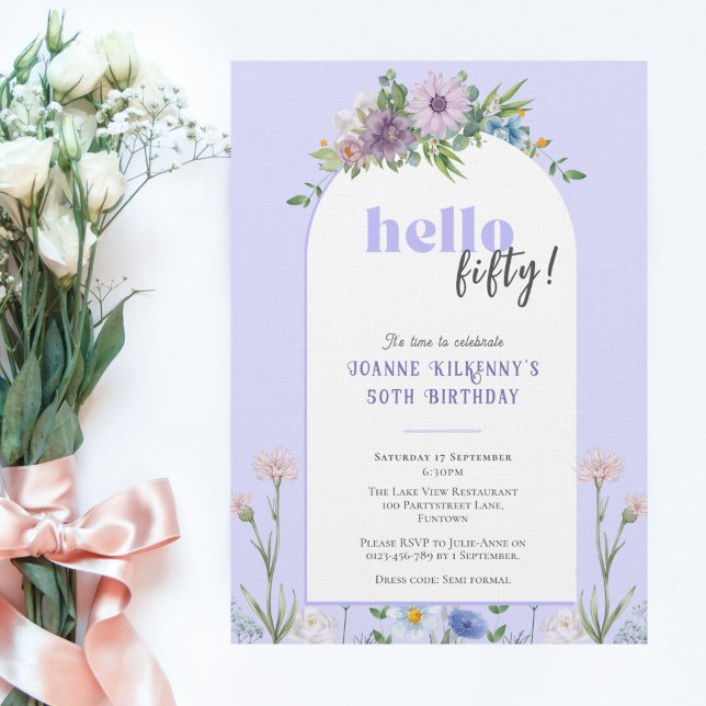 Delicate Florals lavender 50th Birthday Invitation Postcard (Creator Uploaded)