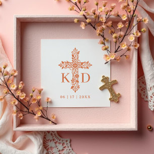 Delicate Flourish Christian Cross Wedding Initials Rubber Stamp