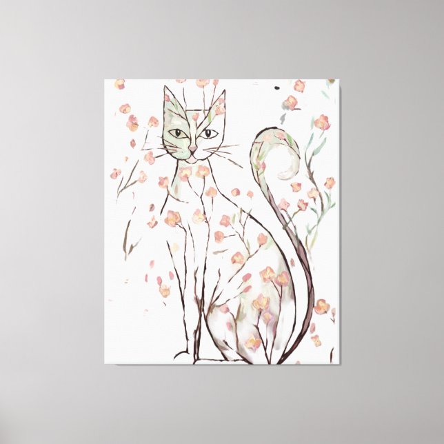 Delicate flower cat illustration canvas print (Front)
