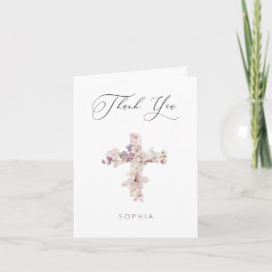 Delicate Flower Cross Baptism Communion Thank You Invitation