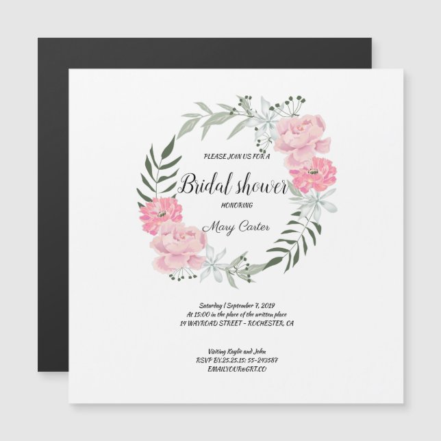 Delicate flower wreath, pink peonies magnetic invitation (Front/Back)