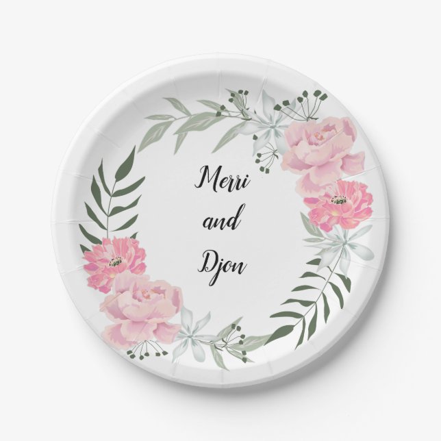 Delicate flower wreath, pink peonies paper plates (Front)