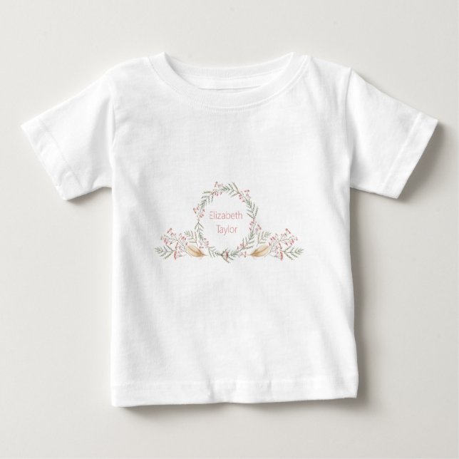 Delicate Flowers and Feathers Monogram Baby T-Shirt (Front)