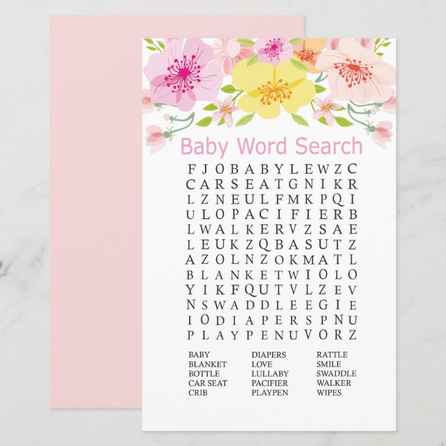 Delicate flowers Baby Shower Word Search Game (Front/Back)