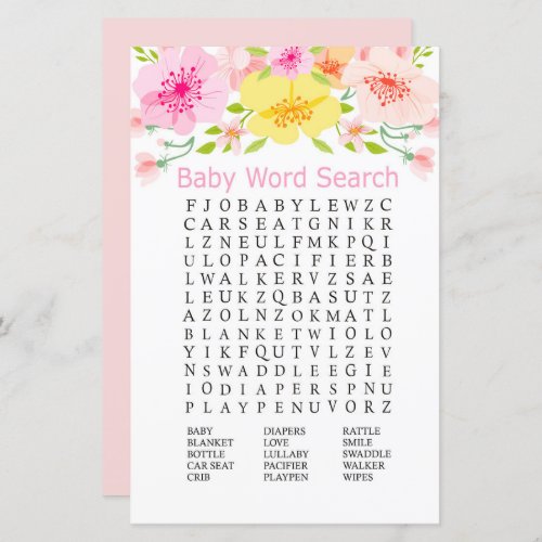 Delicate flowers Baby Shower Word Search Game