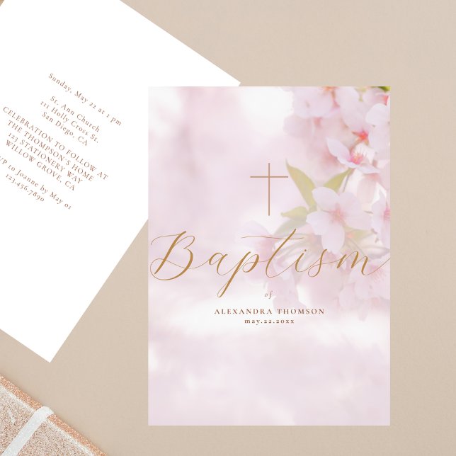 Delicate Flowers Gold Calligraphy Cross Baptism Invitation (Creator Uploaded)