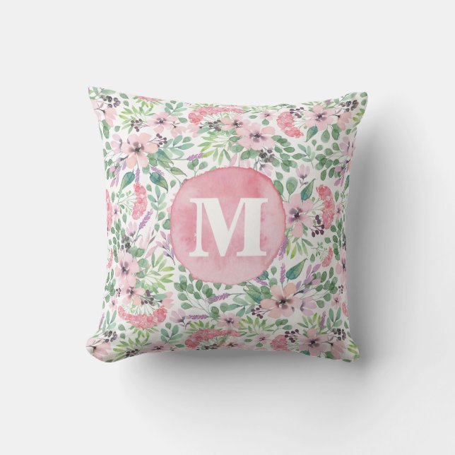 Delicate Flowers Lilac pink blush green monogram Throw Pillow (Front)