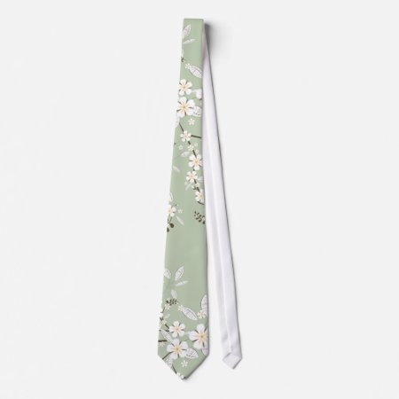 Delicate Flowers On Sage Green Tie