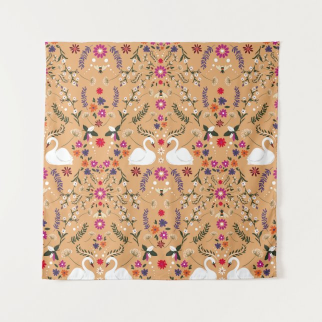 Delicate flowers, swan fantasy seamless pattern. tapestry (Front)