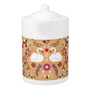Delicate flowers, swan fantasy seamless pattern. teapot