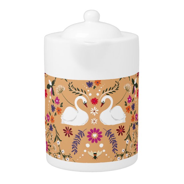 Delicate flowers, swan fantasy seamless pattern. teapot (Front)