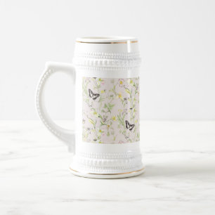 delicate flowers with a butterfly in Chinese style Beer Stein