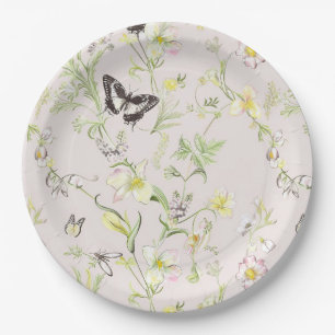 delicate flowers with a butterfly in Chinese style Paper Plates