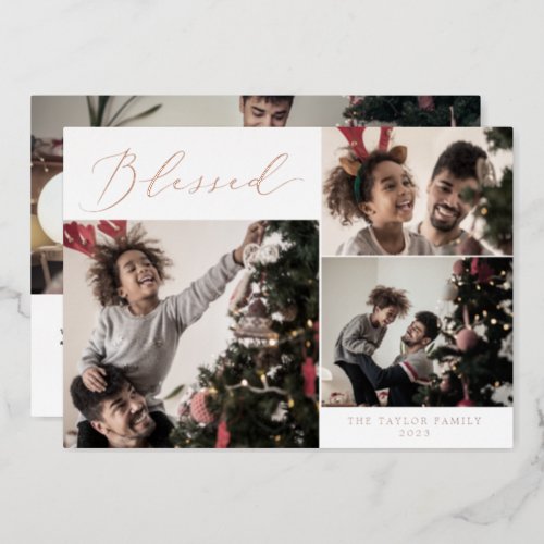 Delicate Foil Blessed 4 Photo Newsletter Foil Holiday Card