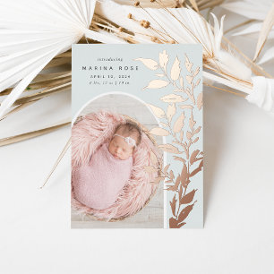 Delicate Foil Leaves   Photo Birth Announcement