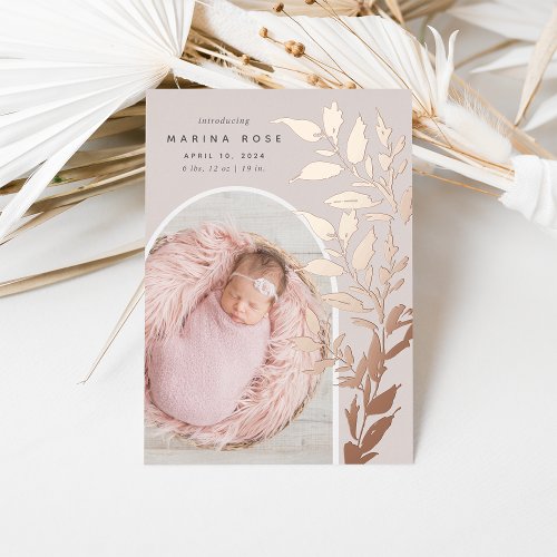 Delicate Foil Leaves  Photo Birth Announcement