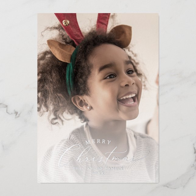 Delicate Foil Merry Christmas Photo Year In Review Holiday Card (Front)