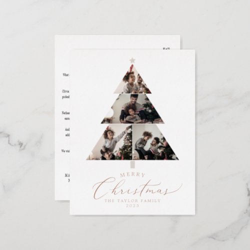 Delicate Foil Merry Christmas Tree 4 Photo Collage Foil Holiday Postcard
