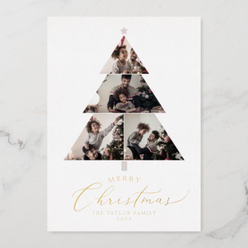 Delicate Foil Merry Christmas Tree 5 Photo Collage Foil Holiday Card