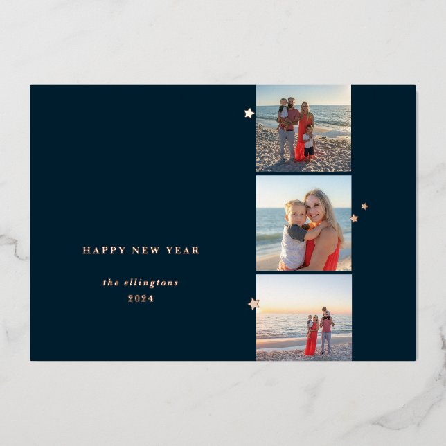 Delicate Foil Star Triple Photo Holiday Card (Front)